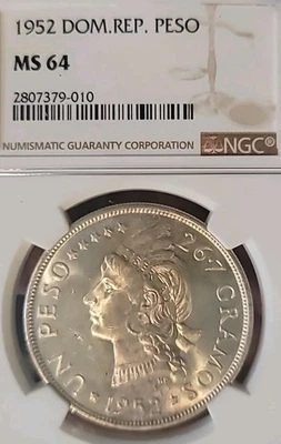 Dominican Rep 1952 Peso Superb Gem Full Luster BU Sharp Detail NGC 64 LC - Image 1 of 4