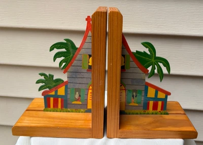 Sujetalibros vintage haitianos de madera pintados a mano tropicales coloridos para el hogar Foto 1 de 4