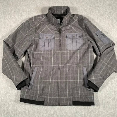 Chaqueta prAna Para Hombres Grande Gris A Cuadros Cremallera Completa Cuello Soporte Bolsillos en el Pecho Utilidad Foto 1 de 4