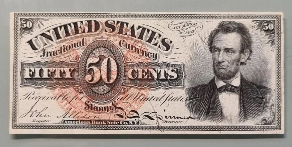 50 Cents Fractional Currency 4th Issue Abraham Lincoln High Grade AU - UNC 96349 - Image 1 of 2
