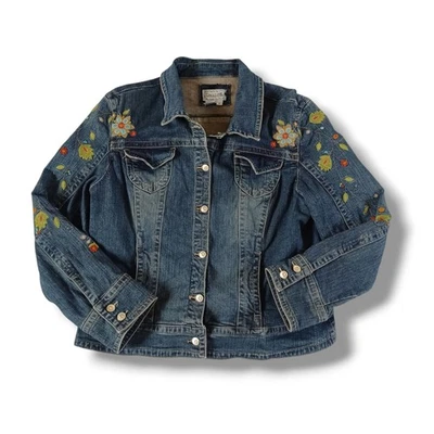 Live a Little Womens Jean Jacket Blue Denim Floral Embroidered Stretch Size XL - Image 1 of 4