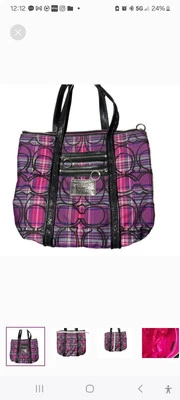 Bolso de Mano COACH Poppy Glam Para Mujer Rosa Púrpura Tartán Cuadros Doble Asa Foto 1 de 4