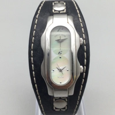 Philip Stein Teslar Dual Time Watch Mens Silver Tone MOP Leather New Battery - Image 1 of 4