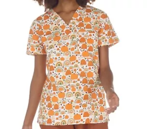 NWT Women's Medium Thankful Fall Print I Love Scrubs Scrub Top - Picture 1 of 1