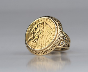 ANTYK 1912 - 2 1/2 dolara indyjska głowa 14k Pierścień na monety Rozmiar 5,5 Biżuteria