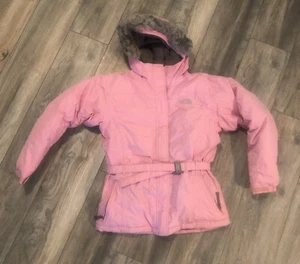 North Face Goose Down Pink Puffer Jacket Girls Xl Nice Fur Hood - Picture 1 of 11