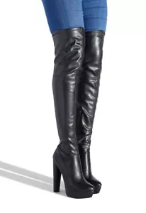 Flo by SHOEDAZZLE, Black faux leather Dominatrix 5.5" heel thigh boots, SZ 8.5 - Picture 1 of 4