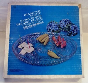 INDIANA GLASS DIAMOND POINT DIVIDED 3 PART, 12" RELISH PLATE ~ NEW IN BOX - Picture 1 of 5