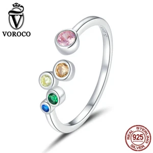 Anello Voroco Europeo .925 Argento Sterling Pav ̈¦ Zirconi Bolle Colorate per Donna - Foto 1 di 11