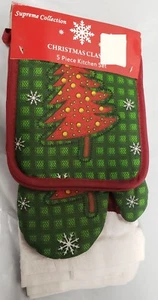 5 pc KITCHEN SET: 2 POT HOLDERS, OVEN MITT & 2 TOWELS, CHRISTMAS TREE by Supreme - Picture 1 of 6