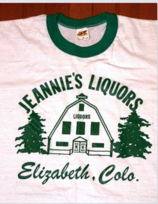 * Vintage 70s Russell Athletic T-shirt Tee Ringer Jeannie's Liquors Colorado NOS - Image 1 of 4