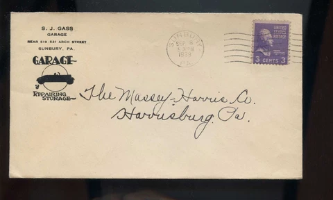 US Illustrated Advertising Cover (Garage - Repairing & Storage) 1939 Sunbury, Pa Cover