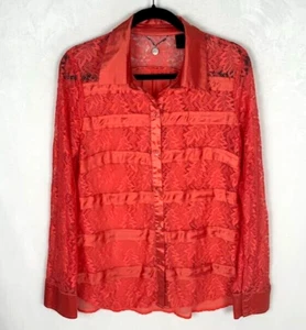 Blusa BKE Coral Encaje Rayas Transparente Talla L Top Con Botones Manga Larga Sexy Elegante - Imagen 1 de 6