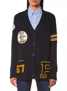 Women's Polo Ralph Lauren Navy RL 67 Collegiate Varsity Cardigan Sweater XL New - Picture 1 of 5