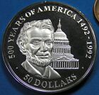 Cook Islands 50 Dollars .999 Silver Coin,1990 Proof Lincoln 500 Years of America