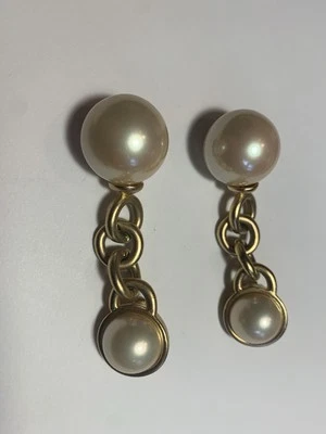 Clip Earrings Pearl Dangle Long Gold Tone Drop Omega Back - Image 1 of 4