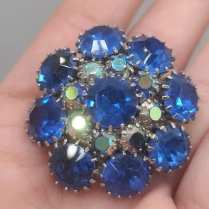 Vintage Rhinestone Brooch Blue AB Domed Gold Tone - Picture 1 of 13