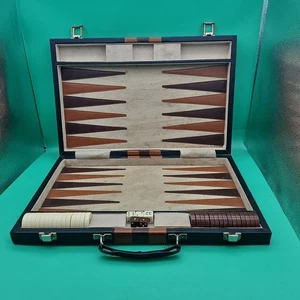 Vintage Backgammon Set Leather Briefcase Brown Checkers Dice 70s 80s  - Picture 1 of 9