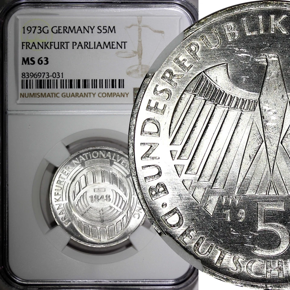 ALEMANIA Plata 1973 G 5 Mark Frankfurt Asamblea Nacional NGC MS63 KM#137 (031) Foto 1 de 4