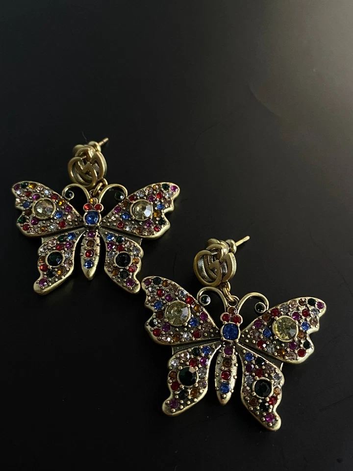 Pendientes colgantes Gucci GG multicolor pavé diamantes de imitación mariposa Foto 1 de 4