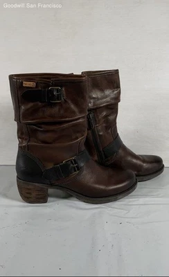 Botas de motociclista Pikolinos de cuero marrón punta redonda cremallera lateral tacón bloque para mujer talla 37 Foto 1 de 4