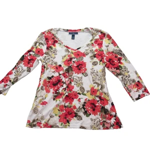 Karen Scott Shirt Womens Medium Floral 3/4 Sleeve Stretch Pullover Top Casual - Picture 1 of 9