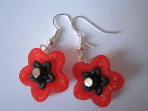 Drop / Dangle Poppy Earrings - Red & Black Flower - Picture 1 of 3