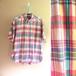 Mens L Dockers Pink Plaid Oxford Cotton Shirt Short Sleeve Button Up Summer - Picture 1 of 6