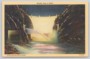 Boulder Dam at Night Colored Lights Arizona Nevada Vintage Linen Postcard - Picture 1 of 2