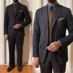 Herren Dunkelblauer Anzug Gestreifte Jacke Nadelstreifen Männer Mode Klassisch - Picture 1 of 15