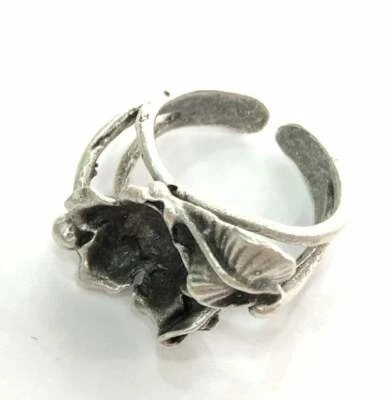 Кольцо с цветочным листом безель с пустым основанием антикварное серебристое латунное регулируемое G3529 - Изображение 1 из 4