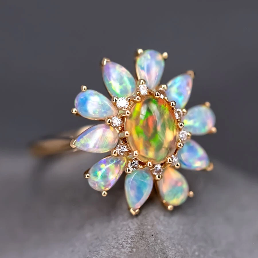 Golden Dahlia –Fire Opal Australian Opal Floral Diamond Engagement Ring 18K Gold - Image 1 of 4