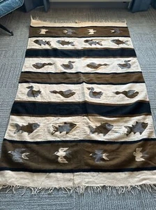 Vintage Heavy Wool Birds, Fish & Ducks Fringed Blanket/Rug About 5.5’x4’ - Picture 1 of 5