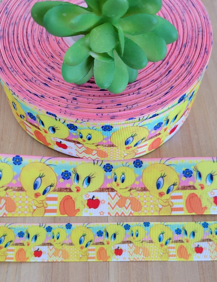 7/8 & 1.5" (1 YD) Tweety Bird Grosgrain Ribbon Looney Tunes Cartoon Hair Bow  - Image 1 of 1