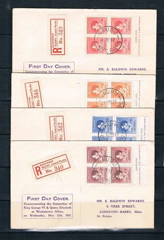 Nauru 1937 - 4 (Four) Coronation Reg. FDC's w/BLKs/4 - SC 35-38 [SG 44-47] K3 Cover