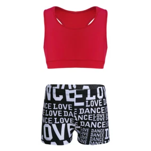 Kids Girls Two Pieces Sports Dance Athletic Outfit Crop Tops with Shorts Set - Picture 1 of 84