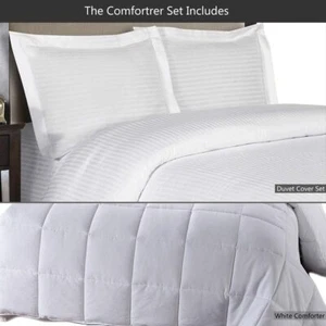 Striped Comforter Set 300tc 100% Cotton Duvet Cover Set +Down Alternative Insert - Picture 1 of 15