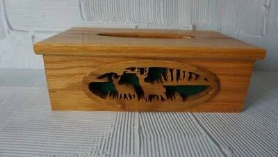 Caja de pañuelos de madera tallada a mano vintage madera silvestre ciervos talla panel lateral Foto 1 de 4