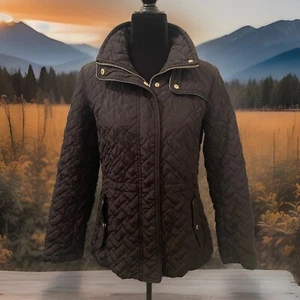 Abrigo Chaqueta Cole Haan Negro Para Mujer Mediano Acolchado Cremallera Completa Forrado a Presión Borde Dorado - Imagen 1 de 10