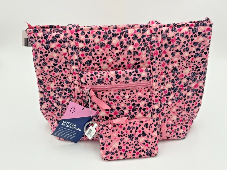VERA BRADLEY SMALL VERA TOTE LOVE YOU LOTS PINK HEARTS COIN HANDBAG PURSE NEW - Image 1 of 4