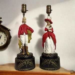 VTG French Provincial Victorian Chalk Ware Figural Man Lady BRIDGERTON Lamps - Picture 1 of 23