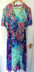 Love & Roses 16 Maxi Dress Blue Pink Floral Pleat Detail Occasion Tie Belt Lined - Picture 1 of 12