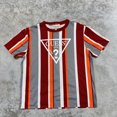 Guess Originals Shirt Mens Large Red Gray Orange White Stripe Triangle Graphic - Image 1 of 4