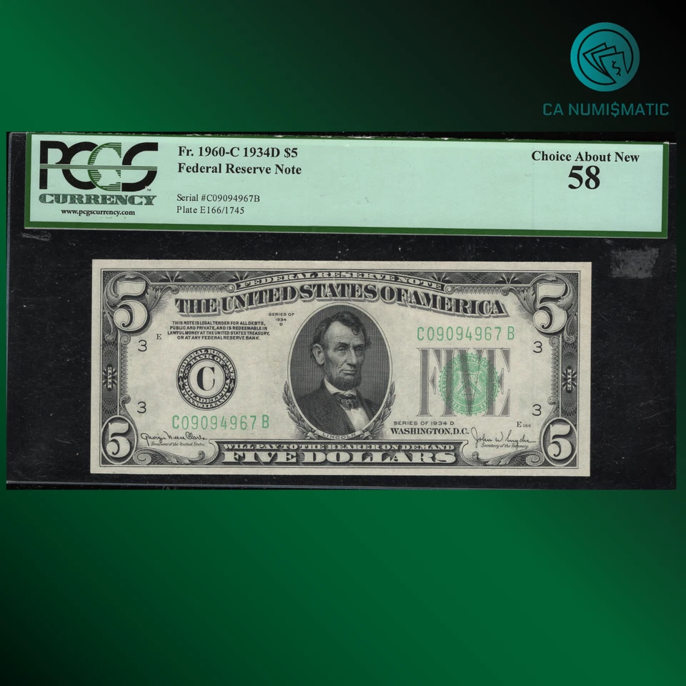 FR.1960-C 1934D $5 Federal Reserve Note, PCGS 58, 94967 - Image 1 of 2