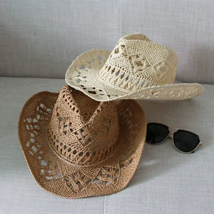 Adult Straw Cowboy Hat Straw Hollow Out Shapeable Cowgirl Beach Hiking Sun Hat - Picture 1 of 12