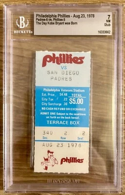 Kobe Bryant 1978 nacido en Filadelfia 23 de agosto Phillies vs Padres 23/08/78 BGS 7 Foto 1 de 4