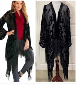 🦄🧥🖤Boston Proper Black Burnout Velvet Fringed Open Front Bell Sleeve Jacket - Picture 1 of 7