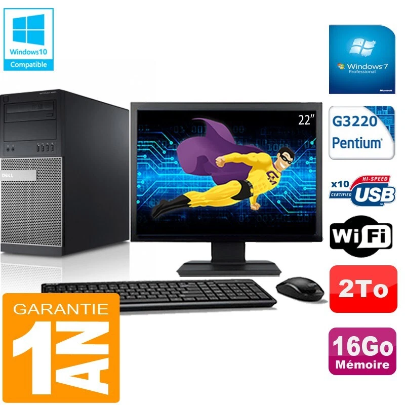 PC tour DELL 9020 Intel G3220 RAM 16Go Disco 2A Wifi W7 Pantalla 22" - Imagen 1 de 1