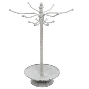 White Metal Jewelry Tree Organizer, Necklace Rack Stand w/ Ring Tray & 12 Hooks - Picture 1 of 5