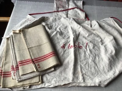 Tablier cuisine lin + 4 beaux torchons ancien pur lin liteau rouge jamai utilisé - Photo 1/4